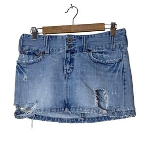 Vintage American Eagle Women Skirt 4 Blue Micro Denim Mini Distressed Low Rise